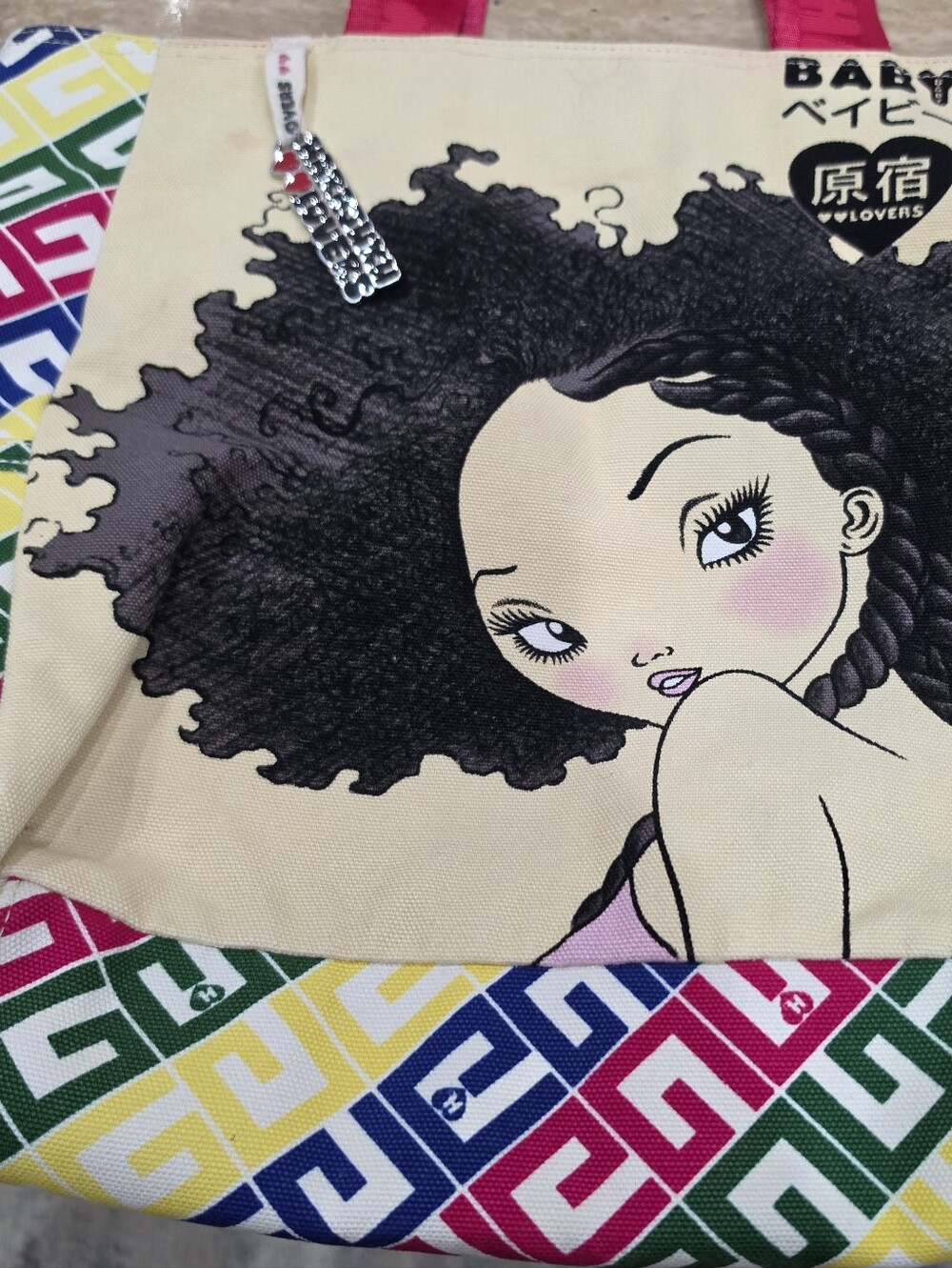 Harajuku Lovers Beige Tote with Black Graphic and Pink Handles